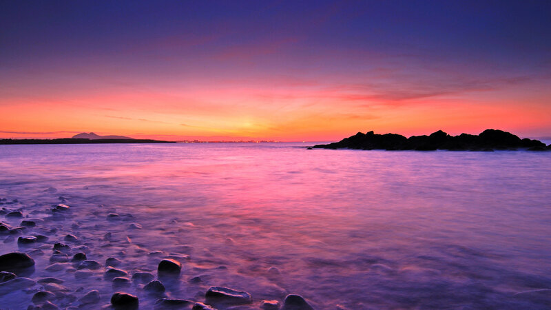 Sunset over Rocky Shore — Purple, Serene, Photograph