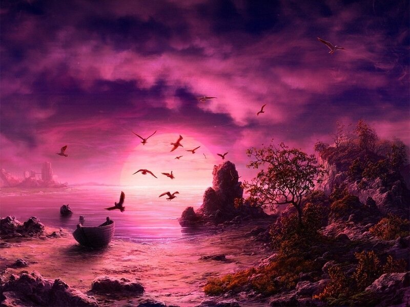Sunset over Rocky Shore — Purple