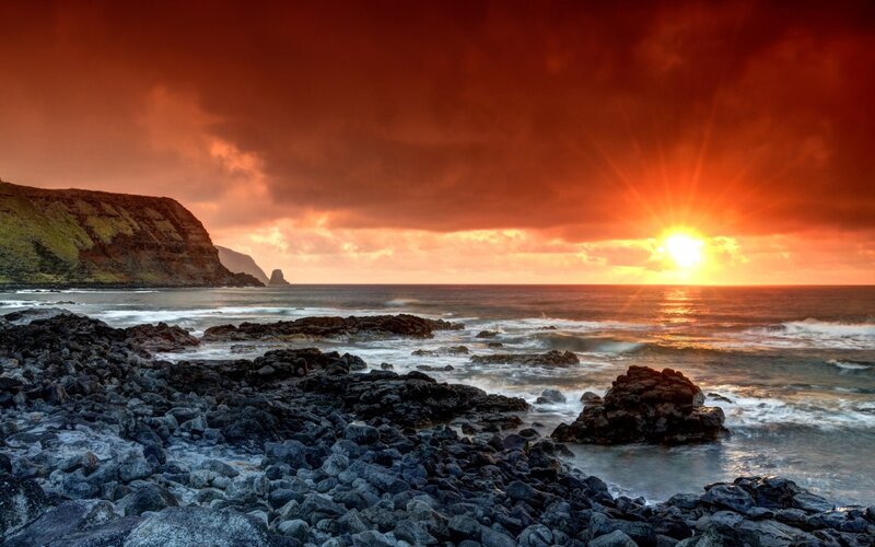 Sunset over Rocky Shore — Red, Dramatic, Photograph, Ocean, Cliff