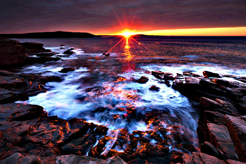 Sunset over Rocky Shore — Red, Dramatic, Photograph, Ocean, Rocks