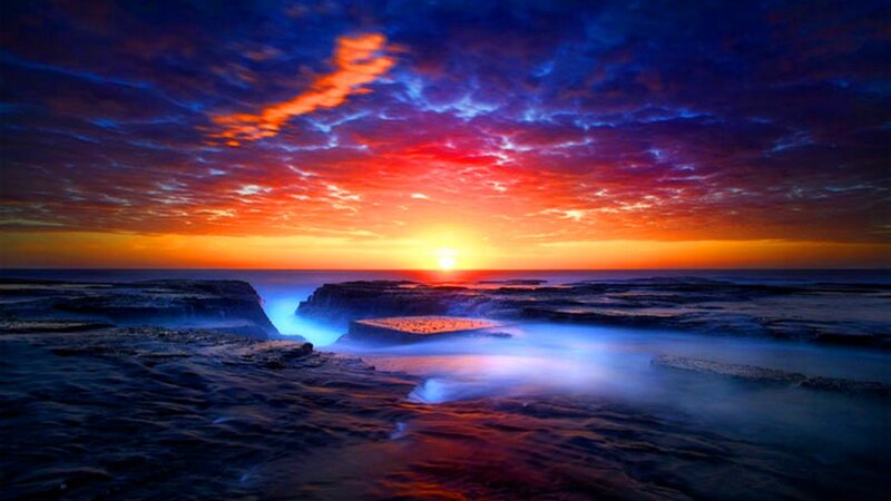 Sunset over Rocky Shore — Red, Dramatic, Photograph, Ocean