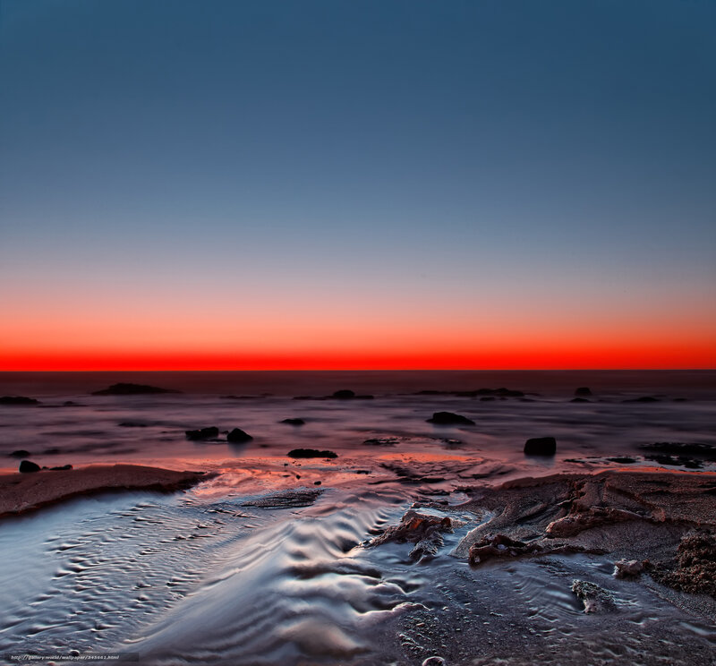 Sunset over Rocky Shore — Red, Dramatic, Photograph, Rocks, Ocean