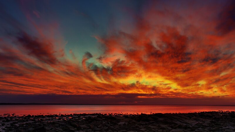Sunset over Rocky Shore — Red, Dramatic, Photograph, Sky, Clouds
