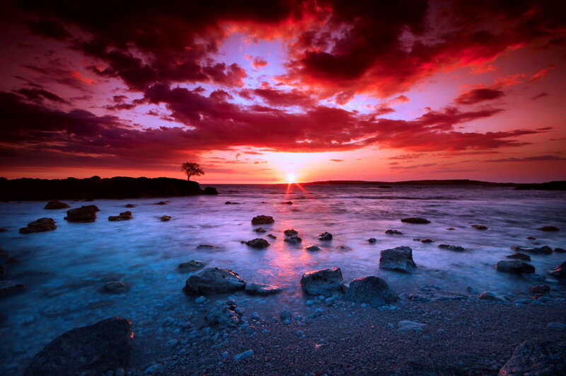 Sunset over Rocky Shore — Red, Dramatic, Photograph, Sun, Clouds