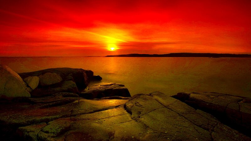 Sunset over Rocky Shore — Red, Dramatic, Photograph, Sun, Sea
