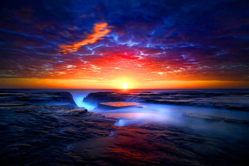 Sunset over Rocky Shore — Red, Dramatic, Photograph, Sun