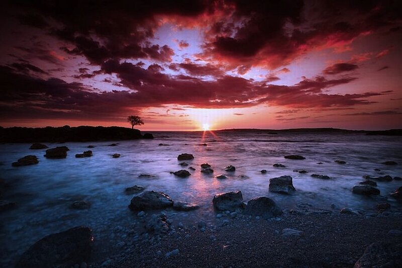 Sunset over Rocky Shore — Red, Dramatic, Photograph