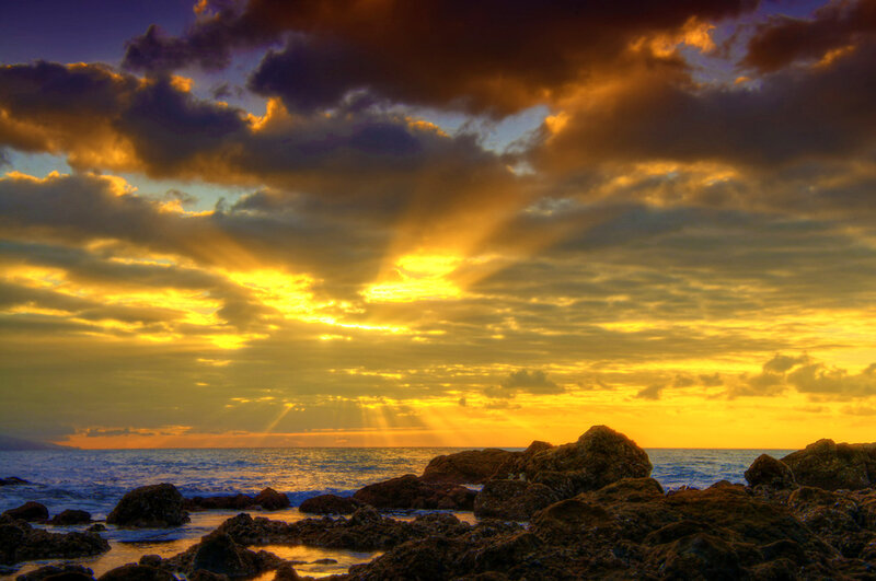 Sunset over Rocky Shore — Yellow, Dramatic, Photograph, Ocean, Clouds