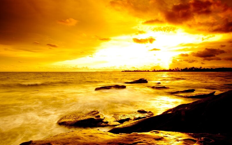 Sunset over Rocky Shore — Yellow, Dramatic, Photograph, Ocean