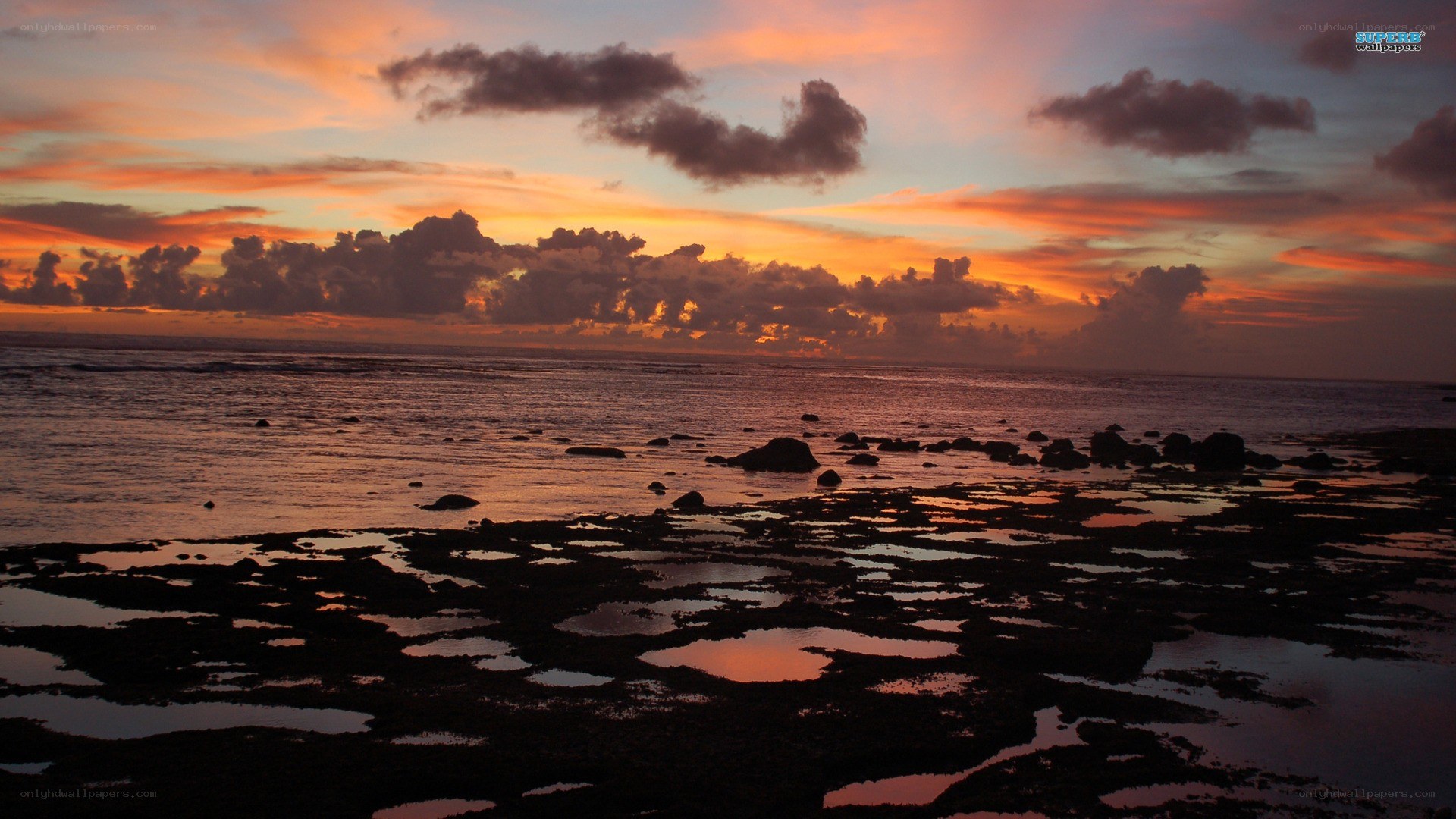 sunset over rocky shoreline