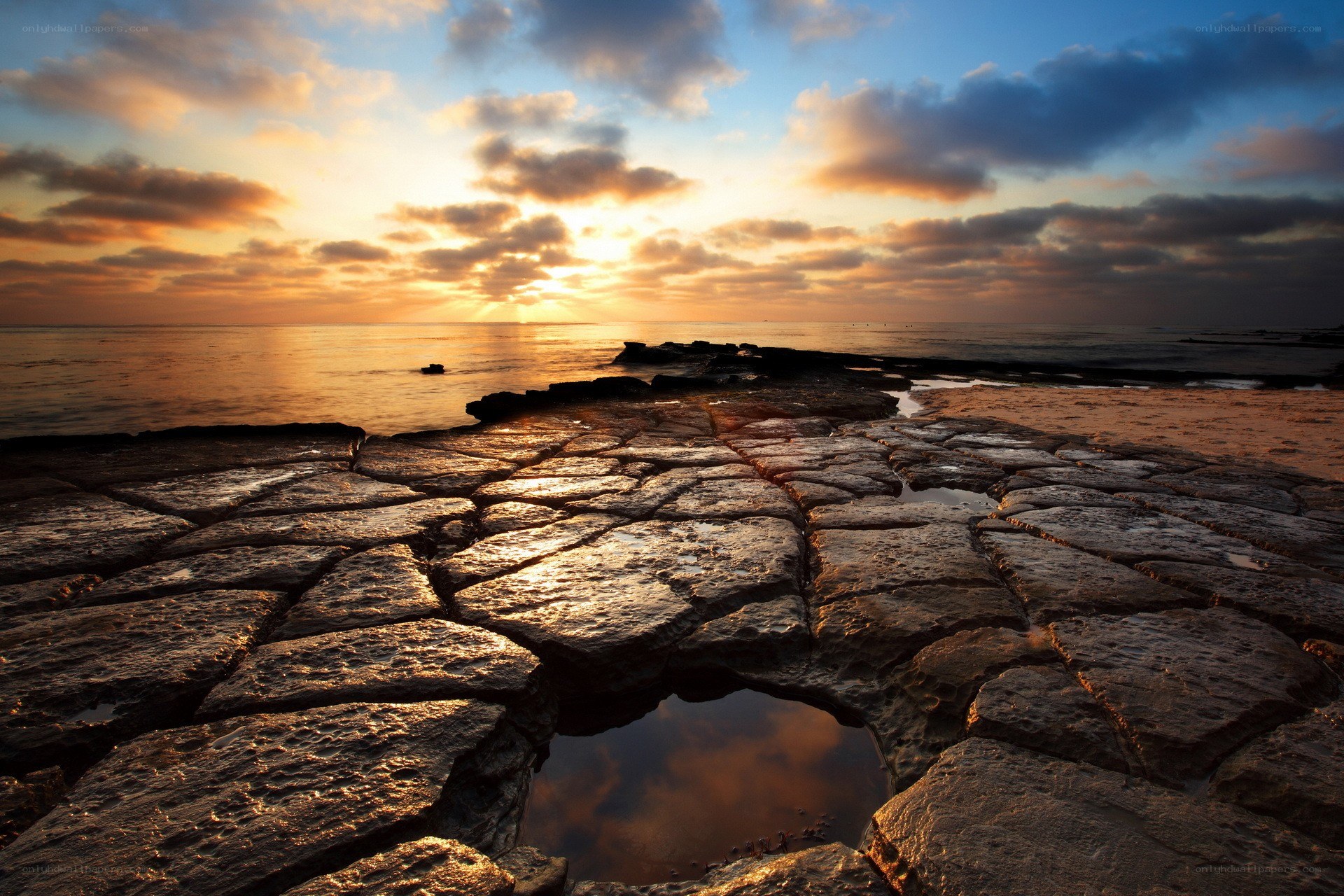 Sunset over rocky shoreline