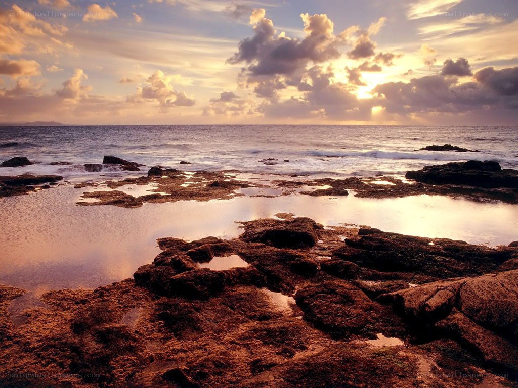 Sunset over rocky shoreline