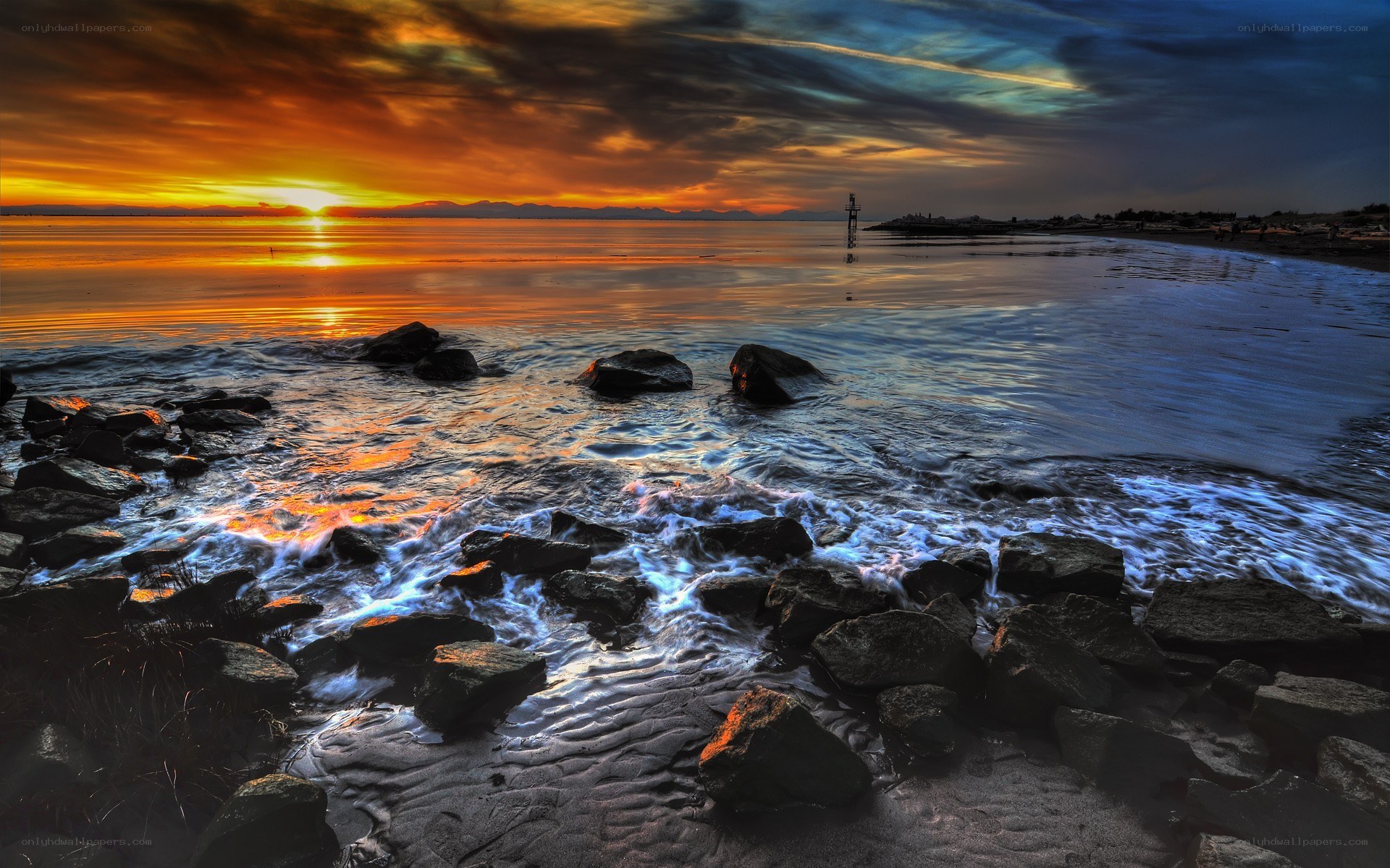 Sunset over rocky shoreline