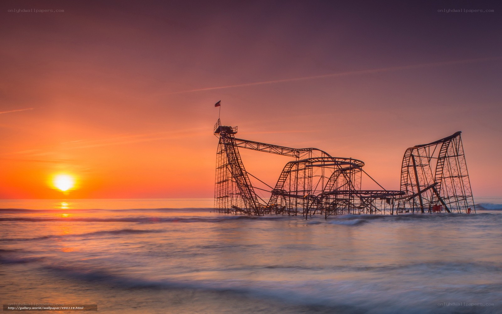 Sunset over roller coaster ruins