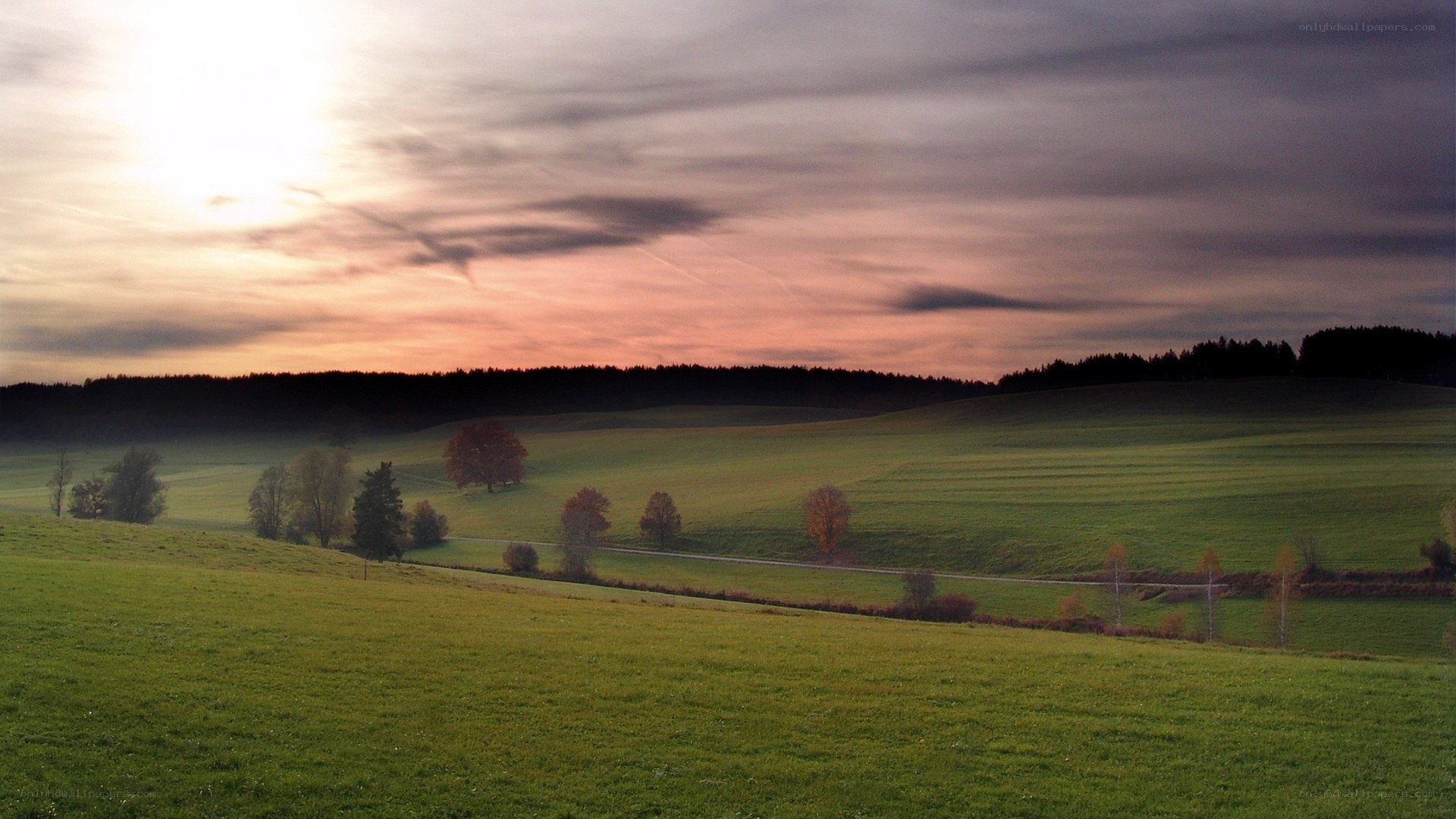 Sunset over rolling green hills