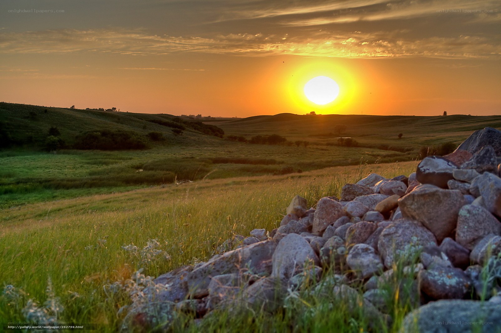 Sunset over rolling hills