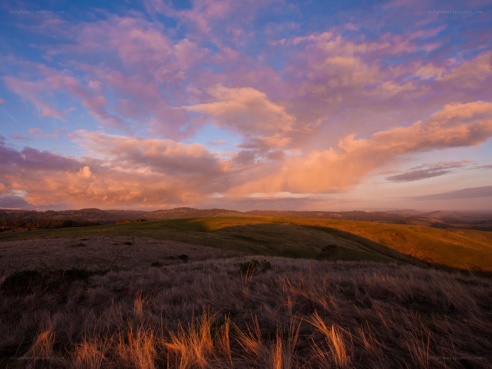 Sunset over rolling hills