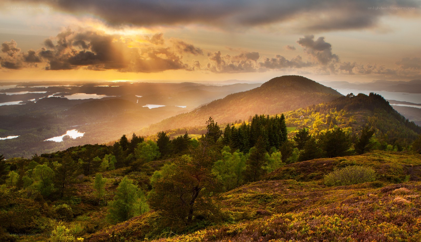 Sunset over rolling hills and lakes