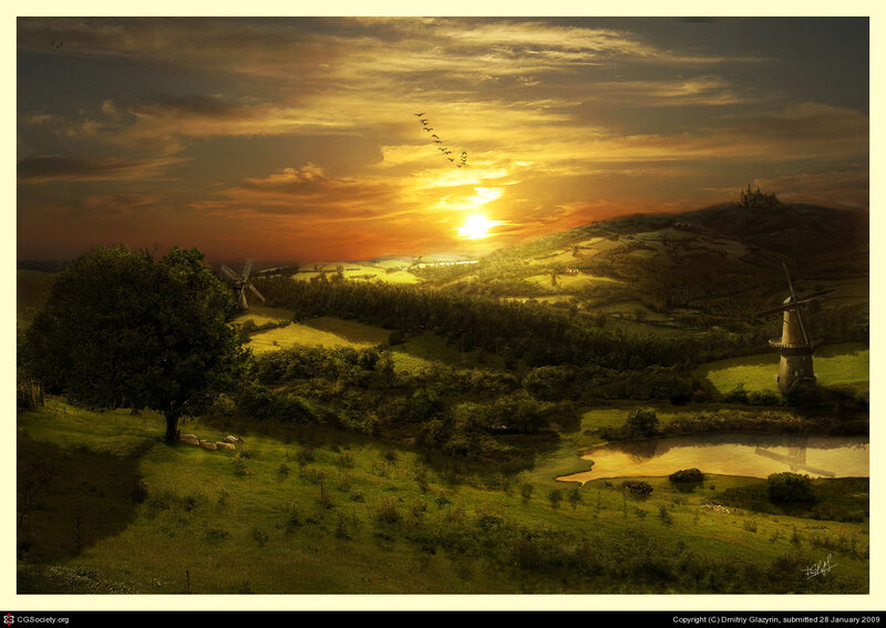Sunset over Rolling Hills — Green