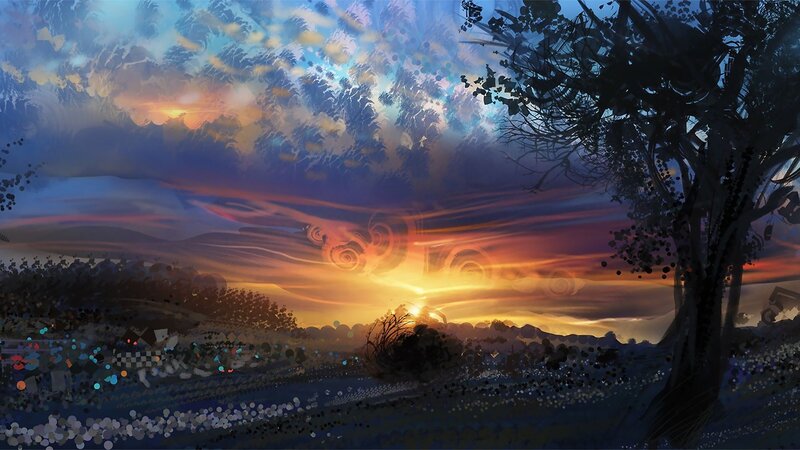 Sunset over Rolling Hills — Orange, Dramatic, Digital Art