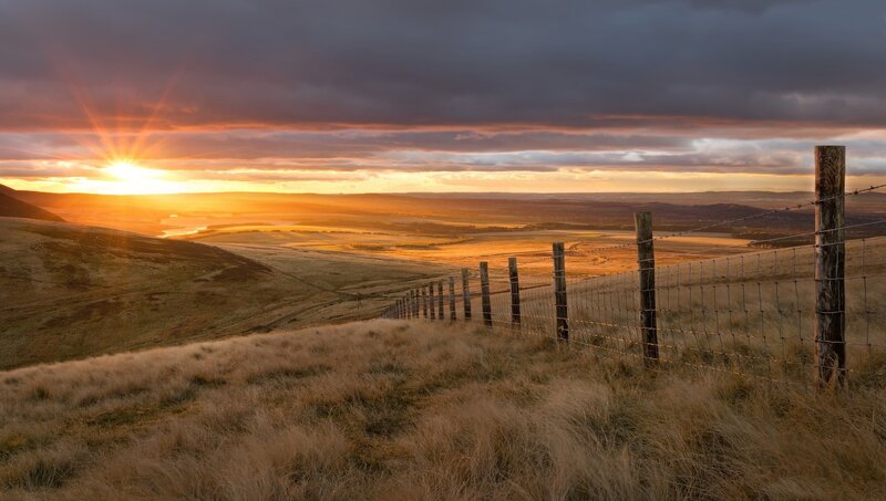 Sunset over Rolling Hills — Orange, Dramatic, Photograph, Fence