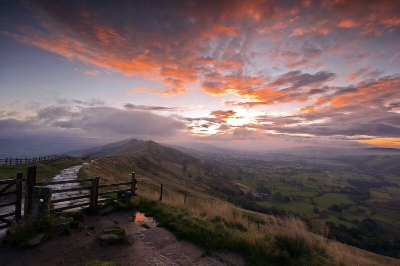 Sunset over Rolling Hills — Orange, Dramatic, Photograph, Path, Fence