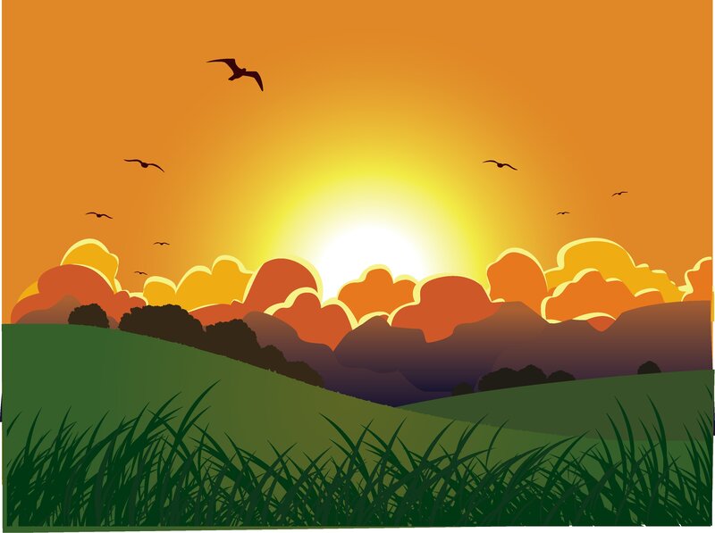 Sunset over Rolling Hills — Orange, Serene, Vector Art