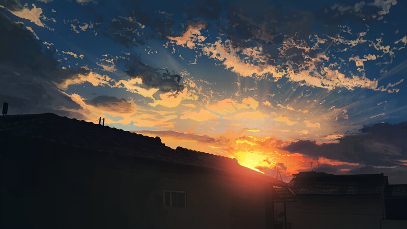 Sunset over Rooftops — Orange, Dramatic, Digital Art