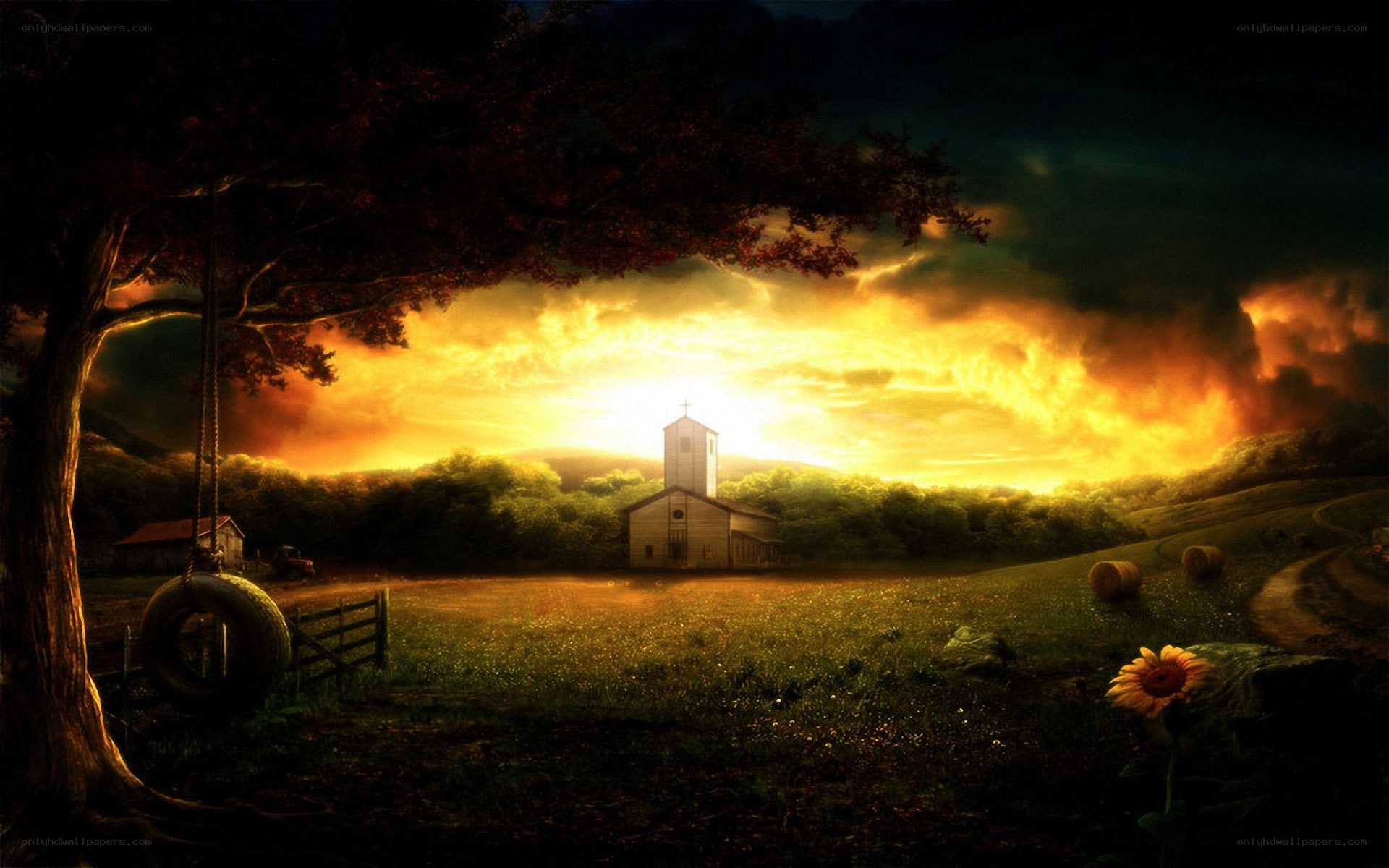 Sunset over rural church