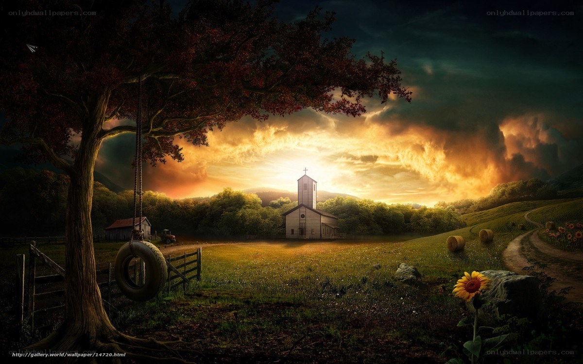 Sunset over rural church