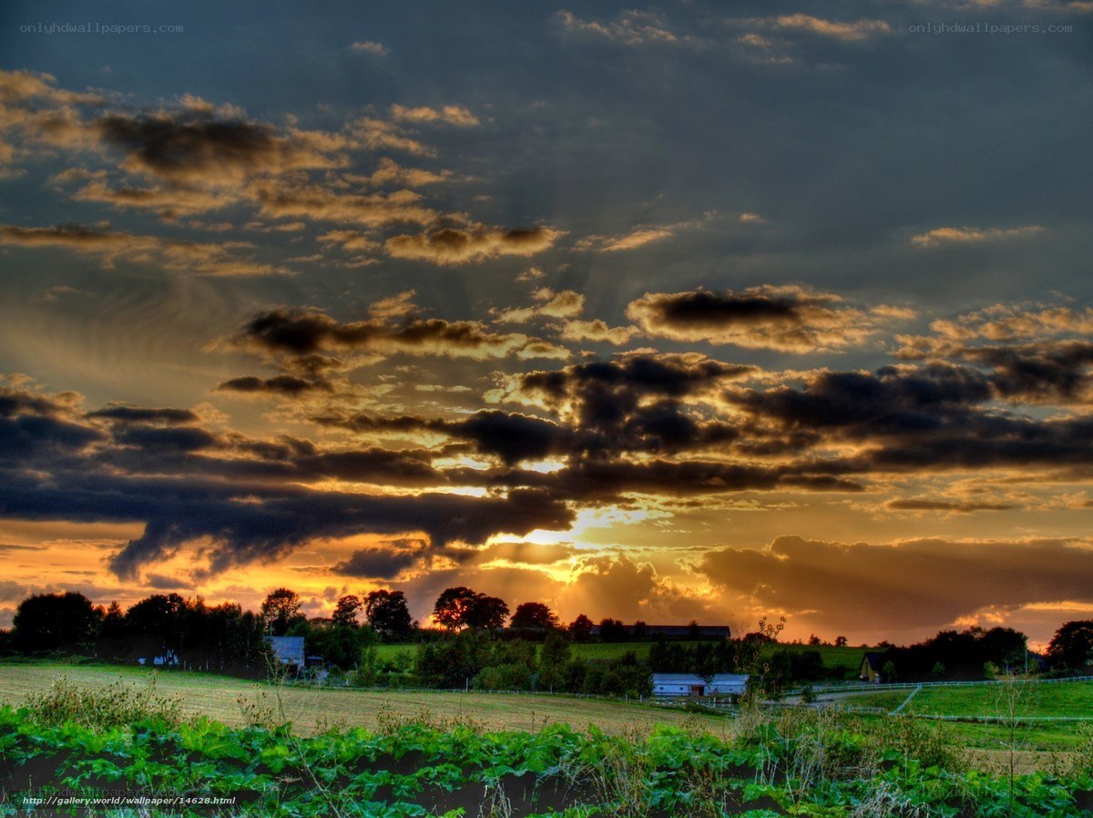 Sunset over rural farmland