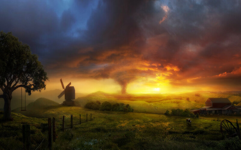 Sunset over rural landscape