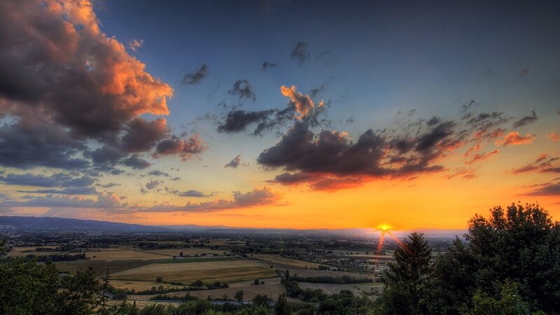 Sunset over Rural Landscape — Orange, Dramatic, Photograph, Clouds, Fields