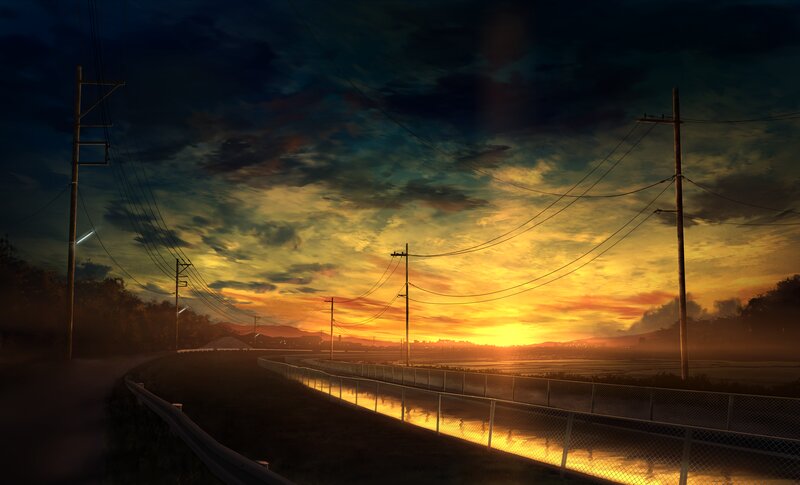 Sunset over Rural Road — Orange, Dramatic, Digital Art