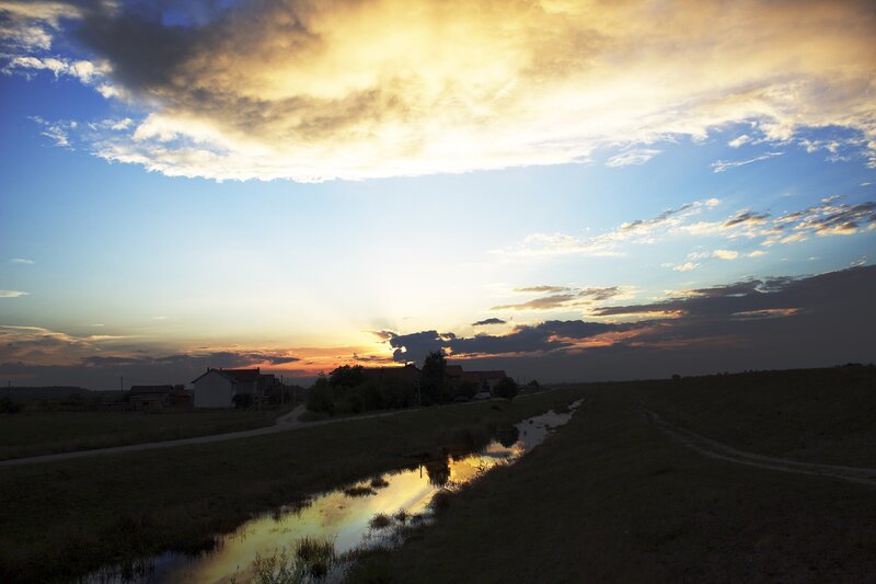 Sunset over rural village