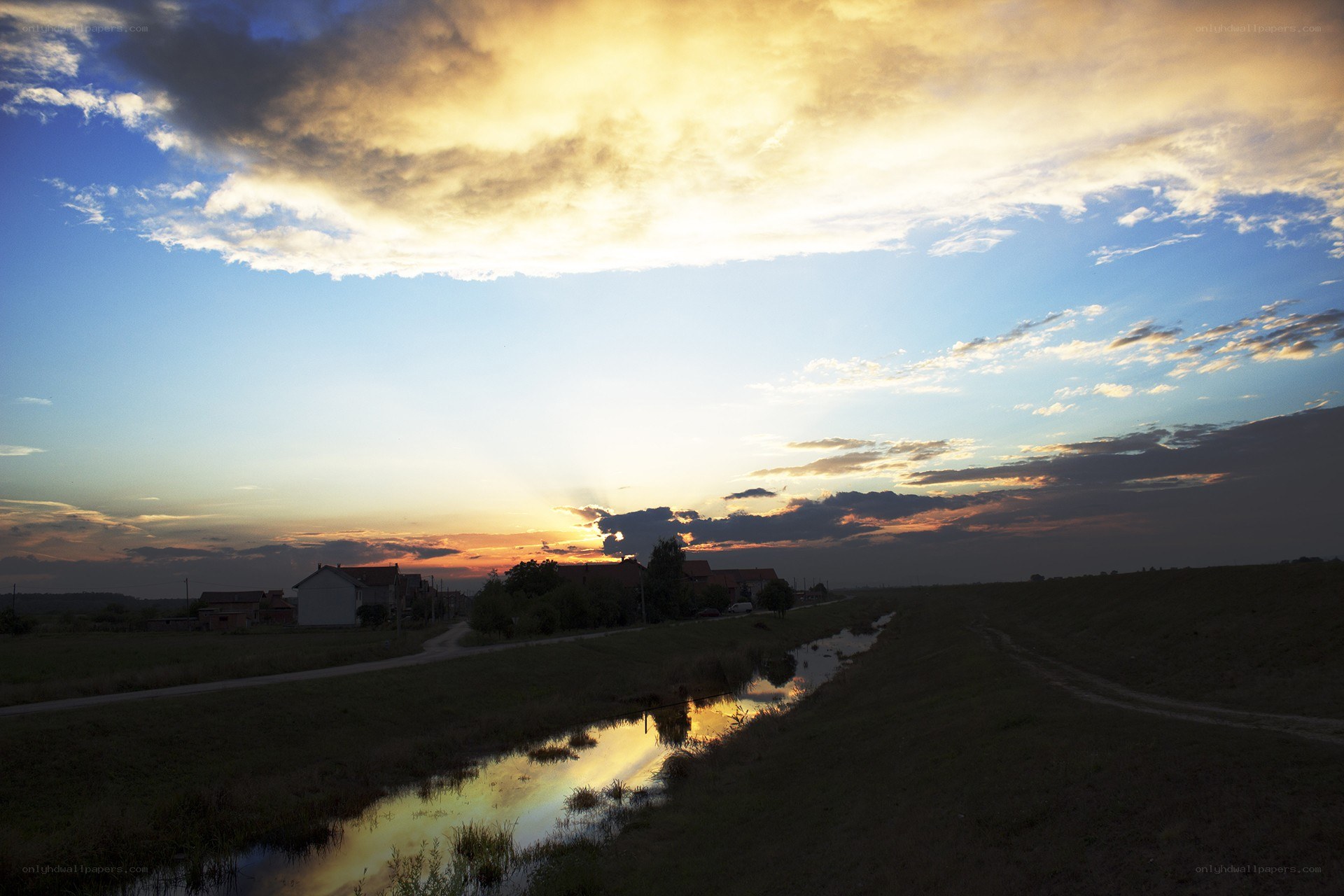 Sunset over rural village