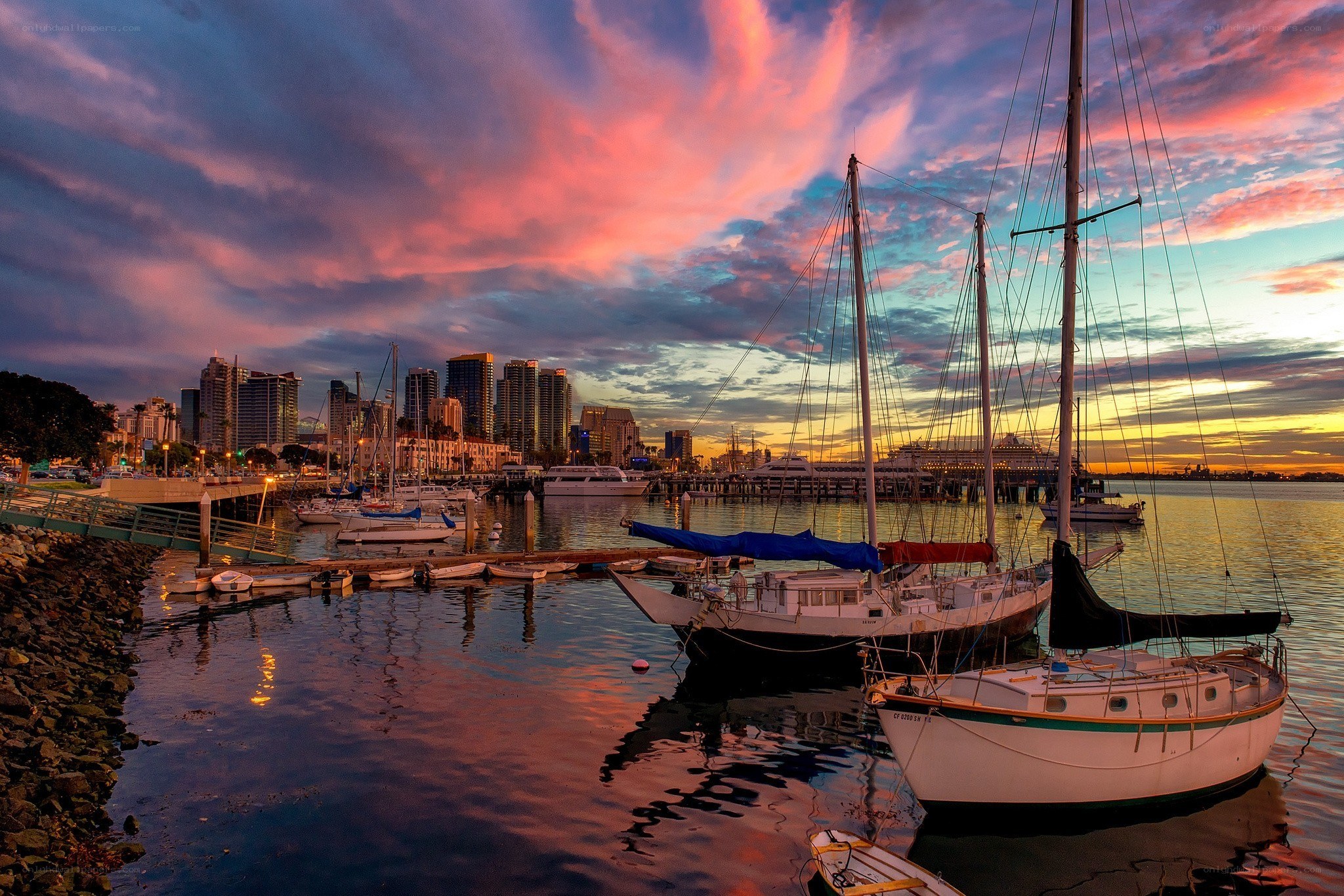 Sunset over San Diego harbor