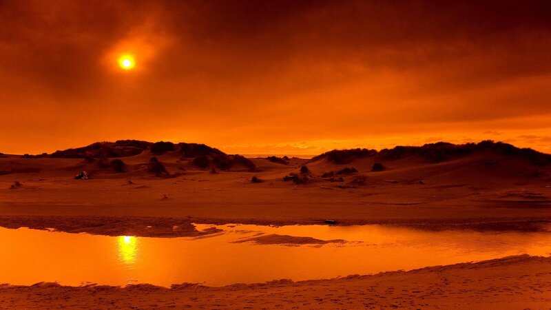 Sunset over Sand Dunes — Orange, Dramatic, Photograph, Sun, Pool of Water