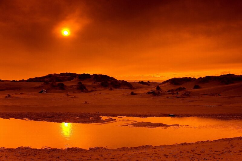 Sunset over Sand Dunes — Orange, Dramatic, Photograph, Sun