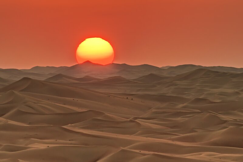 Sunset over Sand Dunes — Orange, Serene, Photograph, Sun, Mountains