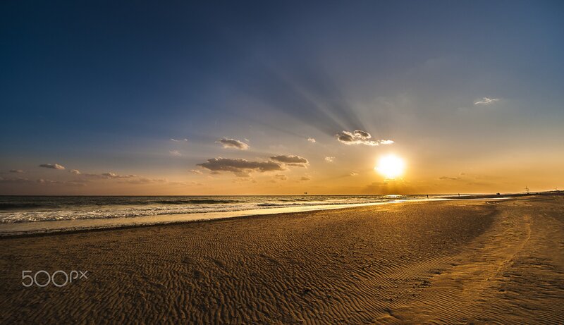 Sunset over Sandy Beach — Blue, Serene, Photograph, Ocean, Clouds
