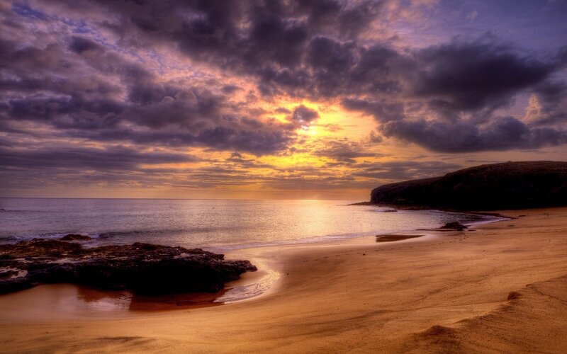 Sunset over Sandy Beach — Orange, Dramatic, Photograph, Ocean