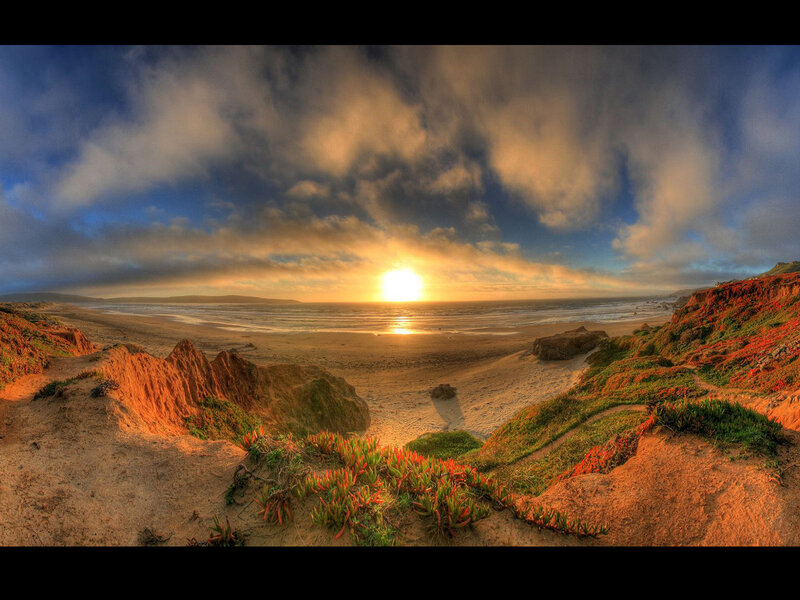 Sunset over Sandy Beach — Orange, Dramatic, Photograph, Sand Dunes, Ocean