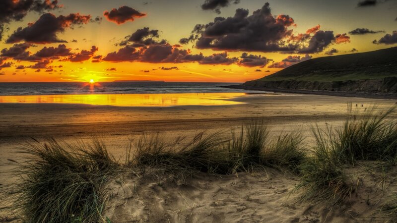 Sunset over Sandy Beach — Orange, Dramatic, Photograph, Sand Dunes