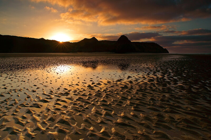 Sunset over Sandy Beach — Orange, Dramatic, Photograph