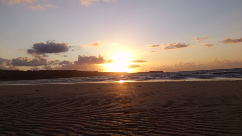 Sunset over Sandy Beach — Orange, Serene, Photograph, Ocean, Clouds