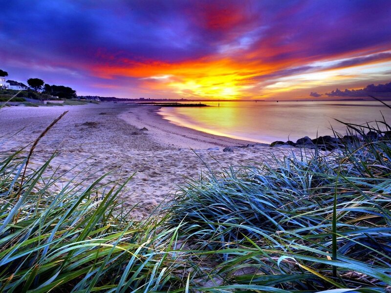 Sunset over Sandy Beach — Purple, Dramatic, Photograph, Sand