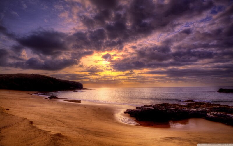 Sunset over Sandy Beach — Purple, Dramatic
