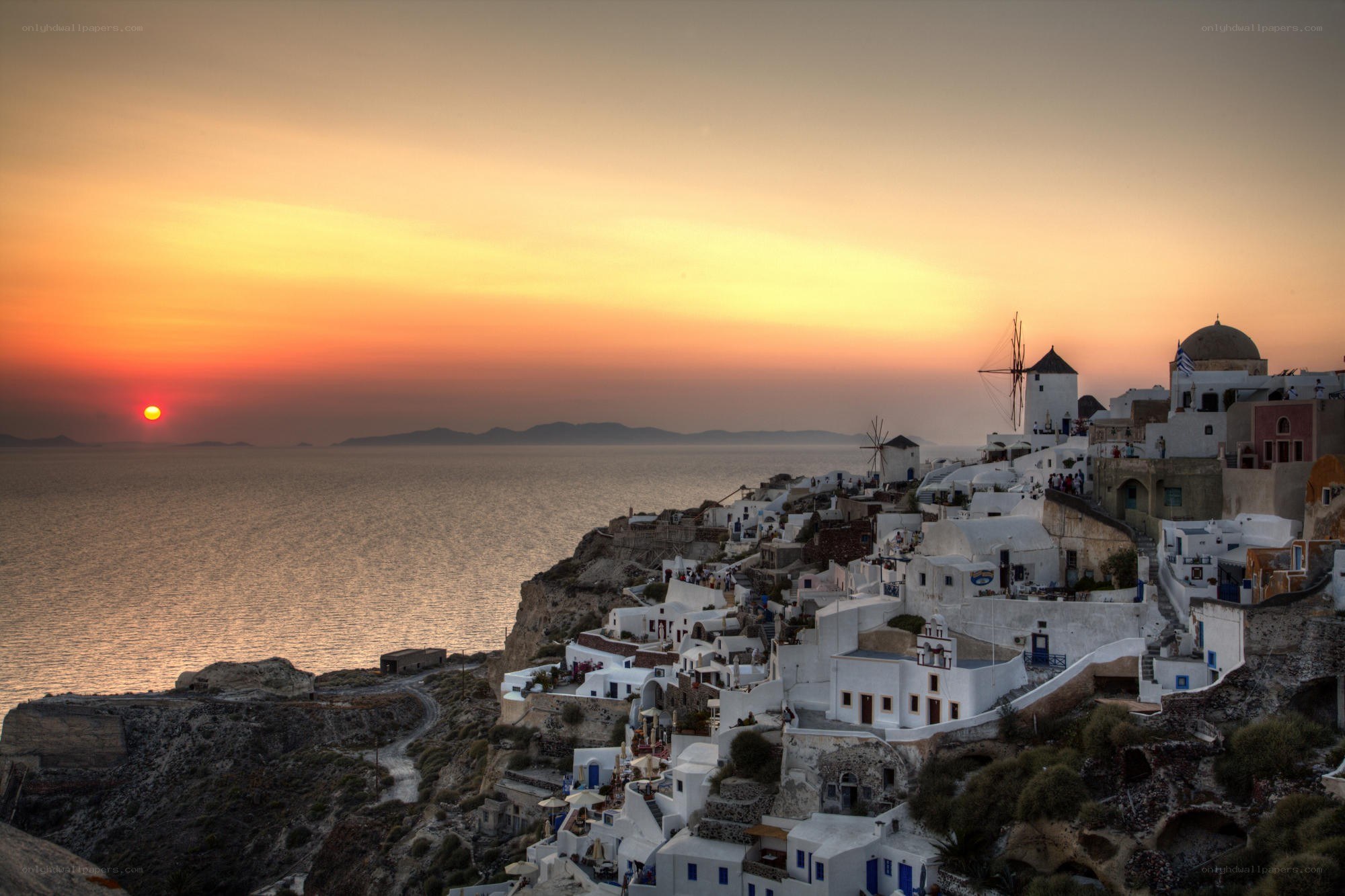 Sunset over Santorini village
