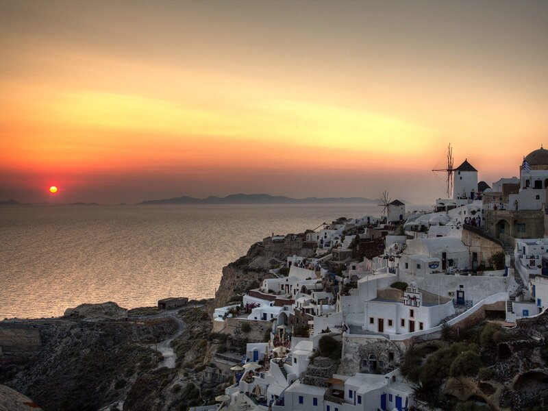 Sunset over Santorini village